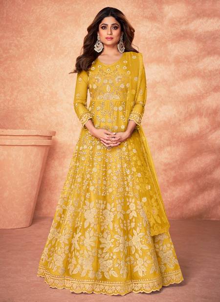 Yellow Colour AASHIRWAD MORNI Heavy Wedding Wear Net Long Anrkali Slawar Suit Latest Collection 9183